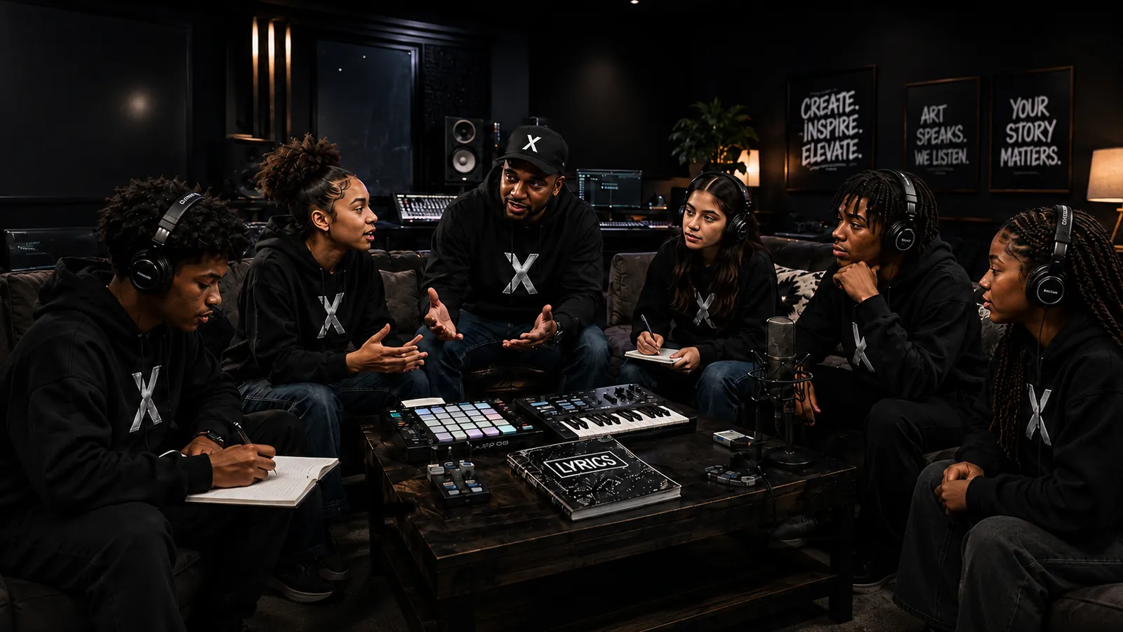 Youth seated together in a studio space during a Conscious Music Circles session