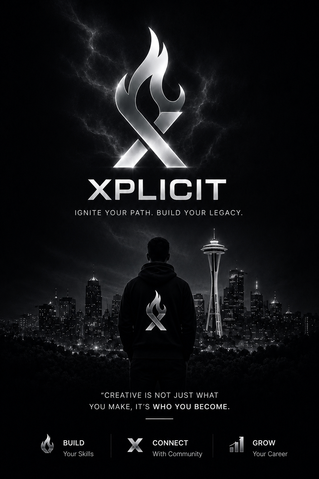XPLICIT OTO branding over a city skyline with a youth figure facing toward opportunity